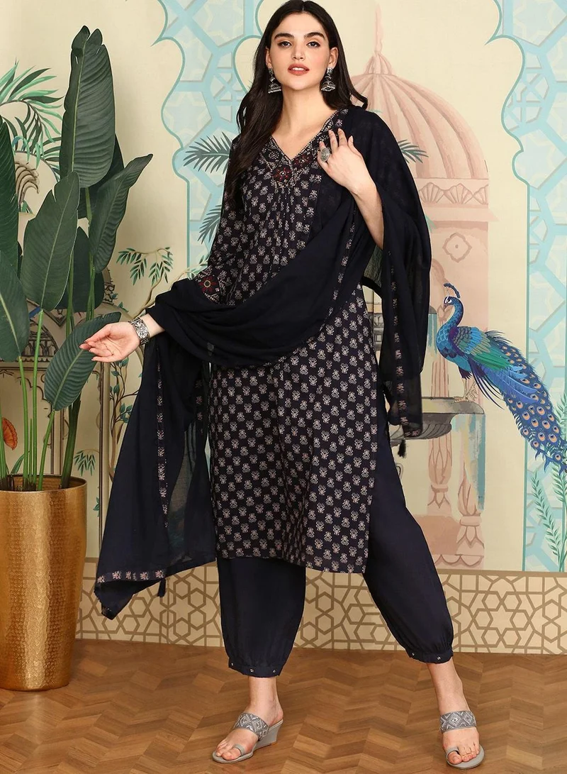 آي شين Women's Indigo 100% Cotton Embellished Tunic Full Length Casual Straight Fit Kurta Set